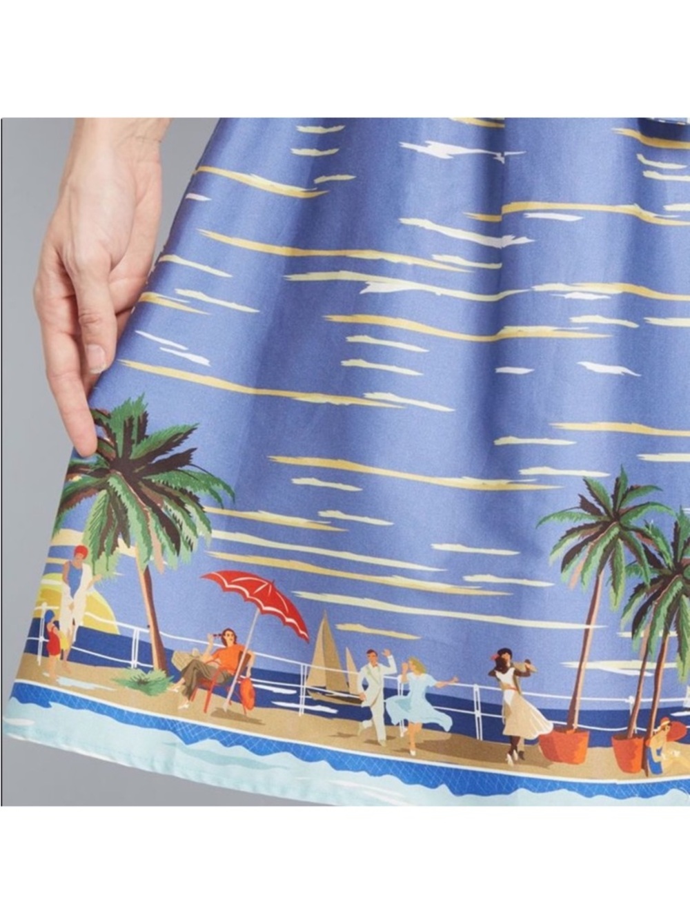 Palava UK Retro Riviera Dress Blue Size 10 Novelty Border Print Organic Cotton - Picture 2 of 15